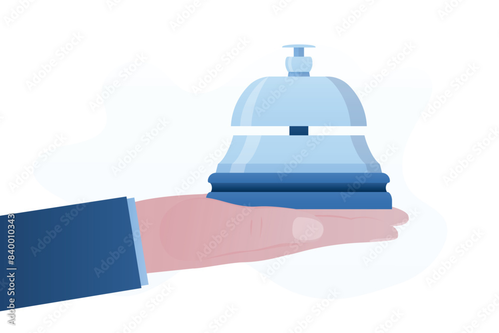 Human hand holds ring bell. Concierge, service bell concept. Customer at reception presses the call button. Bell hotel, hospitality, support. Design isolated on white.
