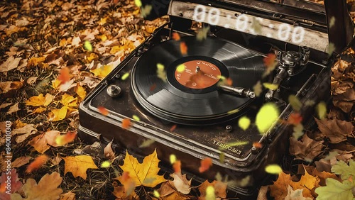 Antique gramophone surrounded by fallen leaves, capturing a nostalgic autumn scene photo