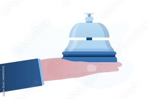 Human hand holds ring bell. Concierge, service bell concept. Customer at reception presses the call button. Bell hotel, hospitality, support. Design isolated on white.