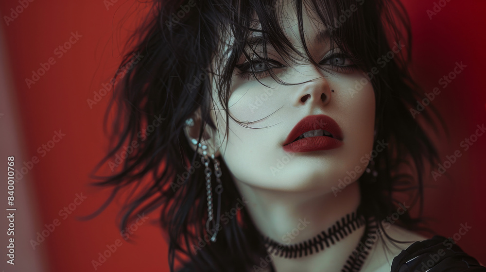 Portrait of a brunette Goth style inspired woman, fashion and make-up shoot. Gothic, Goth, Emo, New Wave, Dark style fashion. Dark smokey make-up, red lipstick. Dramatic. Elegant. Portrait of a brunette Goth style inspired woman, fashion and make-up shoot. Gothic, Goth, Emo, New Wave, Dark style fashion. Dark smokey make-up, red lipstick. Dramatic. Elegant.