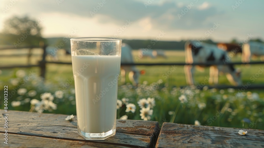 High-detail shot of a glass of milk on a wooden table, farm meadow with grazing cows in the background, ideal for ads High-detail shot of a glass of milk on a wooden table, farm meadow with grazing cows in the background, ideal for ads