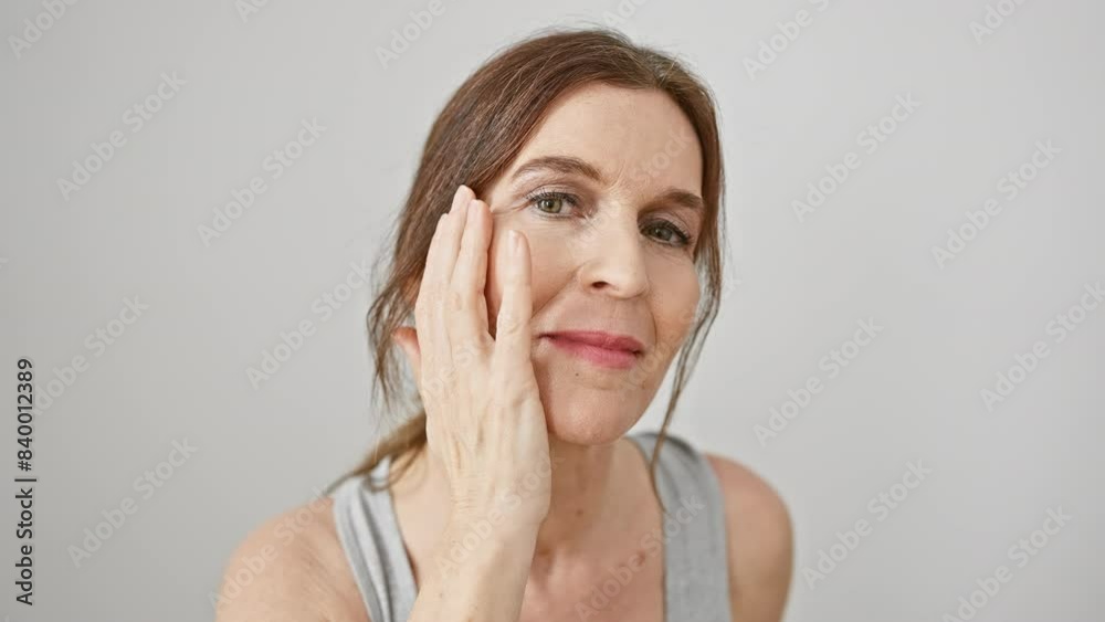 A middle-aged woman gently touches her face, contemplating with a serene expression against a white isolated background. A middle-aged woman gently touches her face, contemplating with a serene expression against a white isolated background.