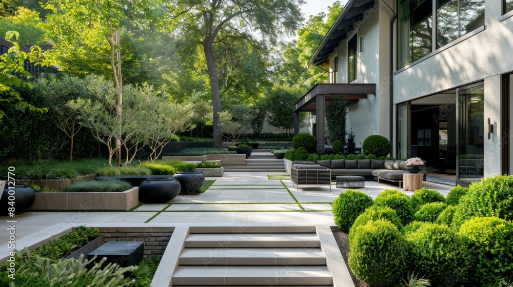 Serene Oasis - Tranquil Landscaped Garden with Elegant Pathways and Seating Areas Serene Oasis - Tranquil Landscaped Garden with Elegant Pathways and Seating Areas