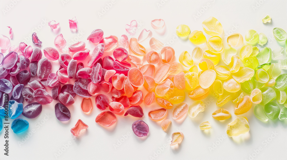 Fototapeta premium A vivid array of multi-colored jellies arranged against a plain white background offers a striking visual of contrasting hues and glossy textures.