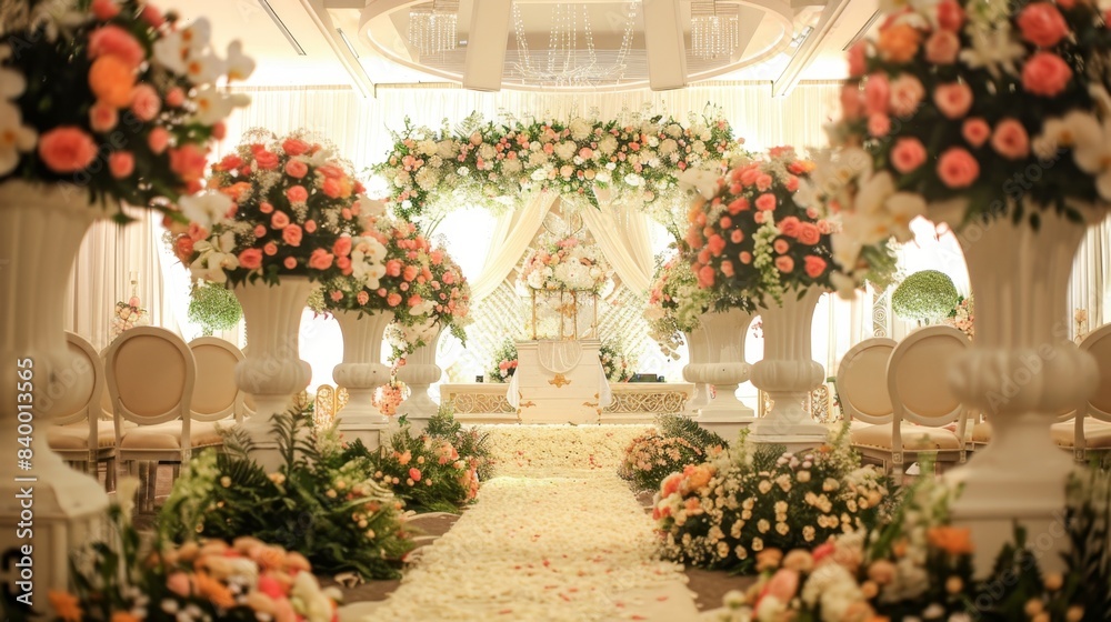 Fototapeta premium Exquisite Wedding Venue Adorned with Elegant Floral Decorations