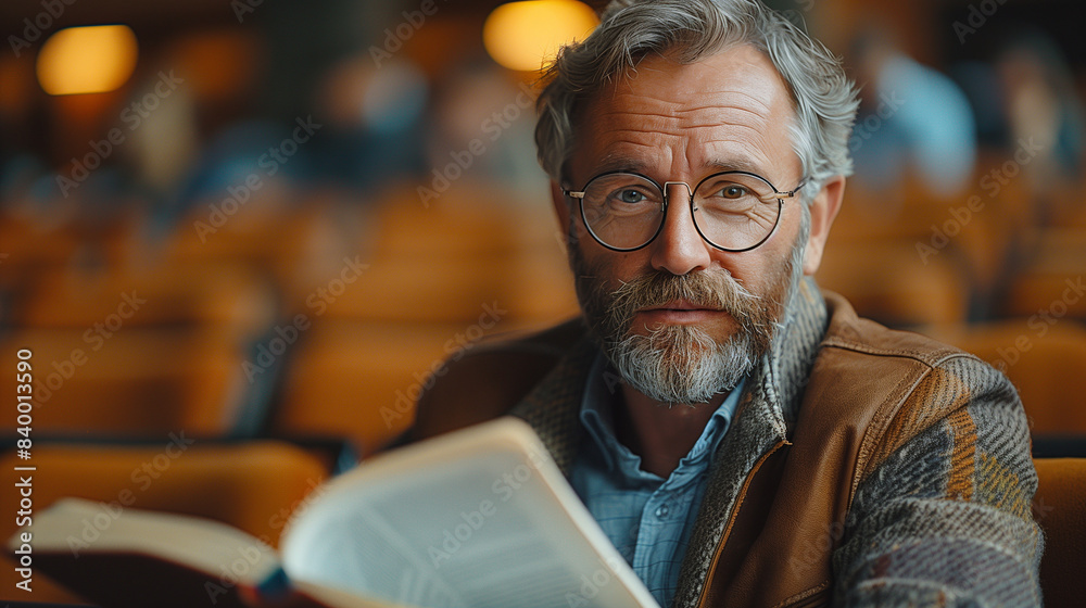 Professor at Desk - Professor sitting at a desk in a lecture hall, with an open book and notes, explaining the material