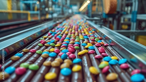 High-definition shot of a production line in a contemporary food processing plant, featuring a conveyor belt loaded with colorful candies