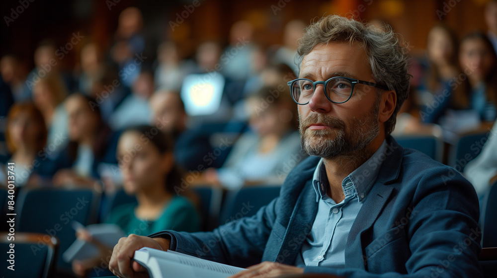 Professor sitting at a desk in a lecture hall with an open book and notes, explaining the material Professor sitting at a desk in a lecture hall with an open book and notes, explaining the material