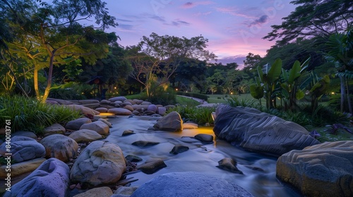 a serene twilight at Costa Azul Park in Salvador, where the fading light of dusk paints the sky in shades of pink and lavender.