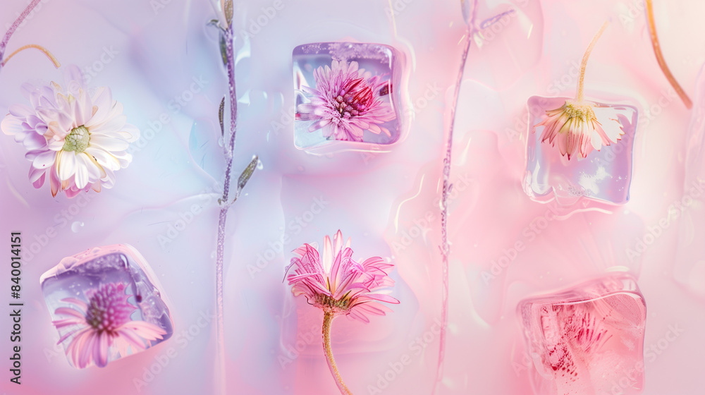 Ice cubes with flowers, their petals and hues suspended in frozen elegance.
Ice cubes with flowers, their petals and hues suspended in frozen elegance.