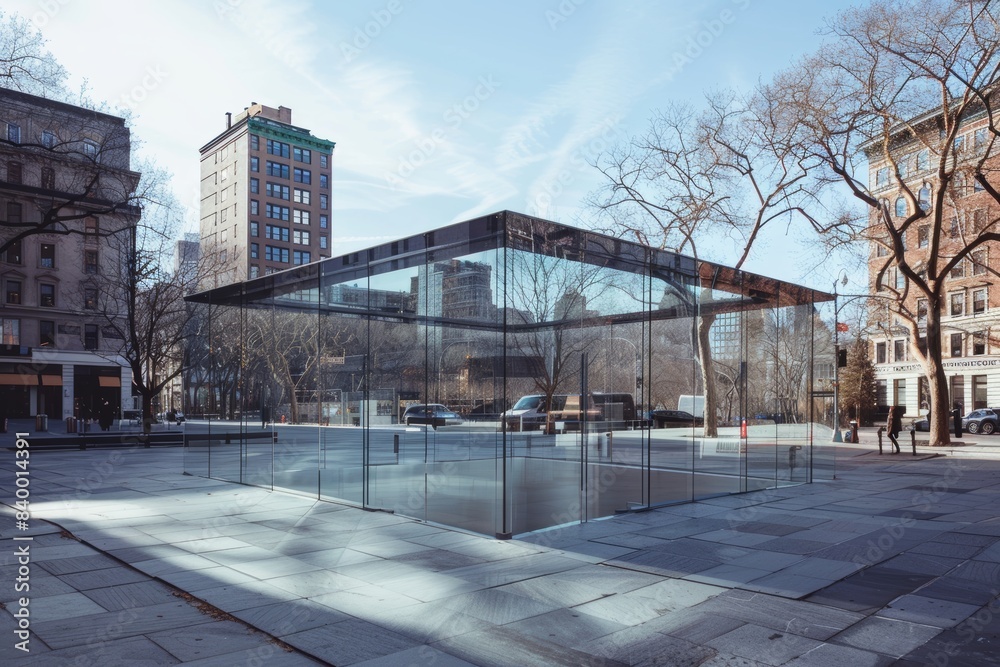 Large empty square featuring a minimalist glass pavilion, sleek and modern, transparent walls, steel framework, urban serenity, bright daylight Large empty square featuring a minimalist glass pavilion, sleek and modern, transparent walls, steel framework, urban serenity, bright daylight