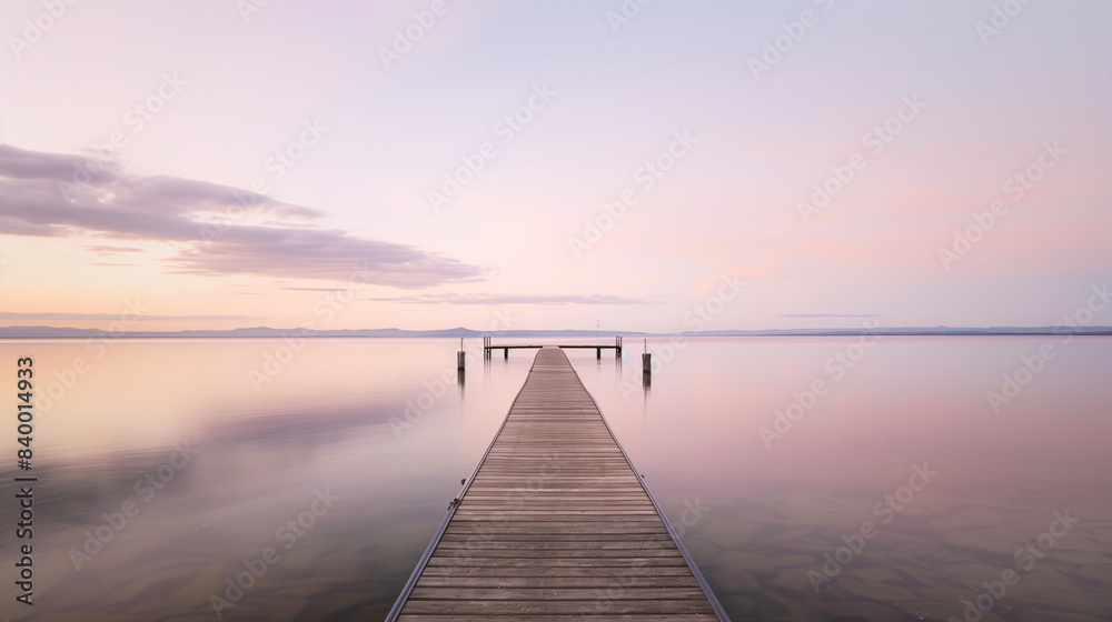 Fototapeta premium A long pier over crystal-clear waters, positioned under a colorful sunset, with small waves creating a soothing rhythm.