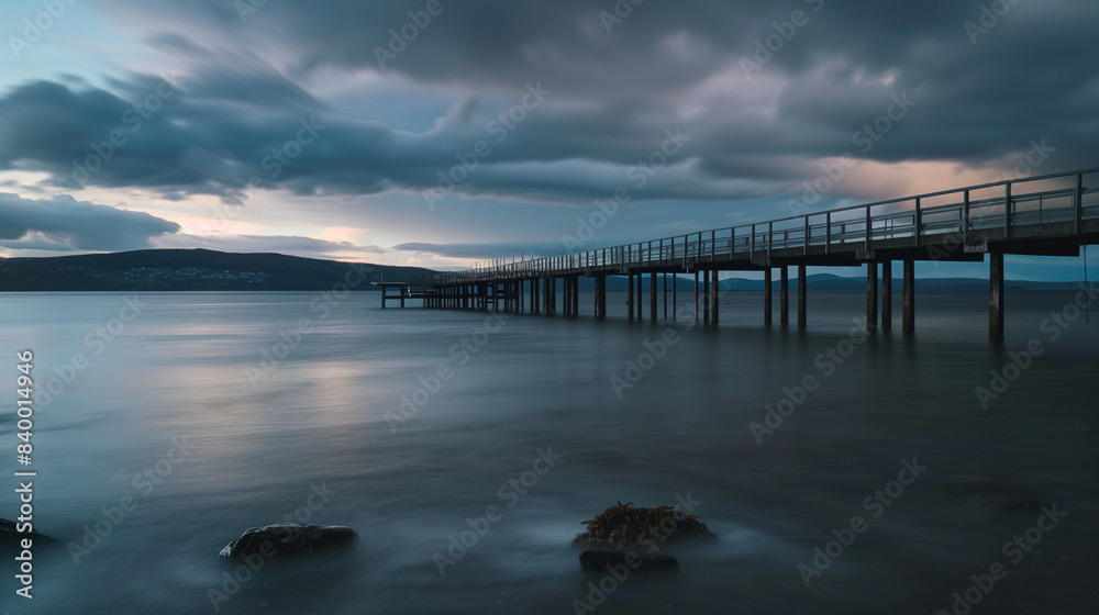 Obraz premium A wooden pier extends into calm waters, perfectly framed by a soft sunset, the water reflecting the sky's warm hues.