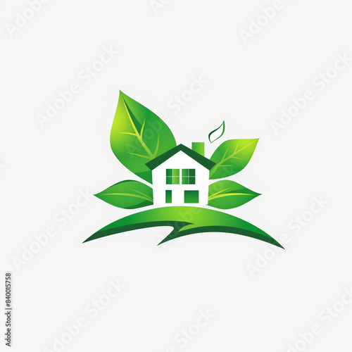 Eco-Friendly Home Logo on white background, Modern logo combines house with leaf, Concept of green living, eco-friendly housing, green construction, renewable energy, and sustainable living solutions.