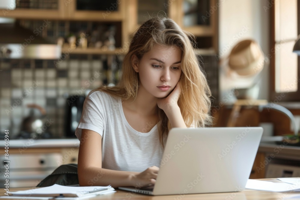 Woman table laptop blonde sitting Woman table laptop blonde sitting
