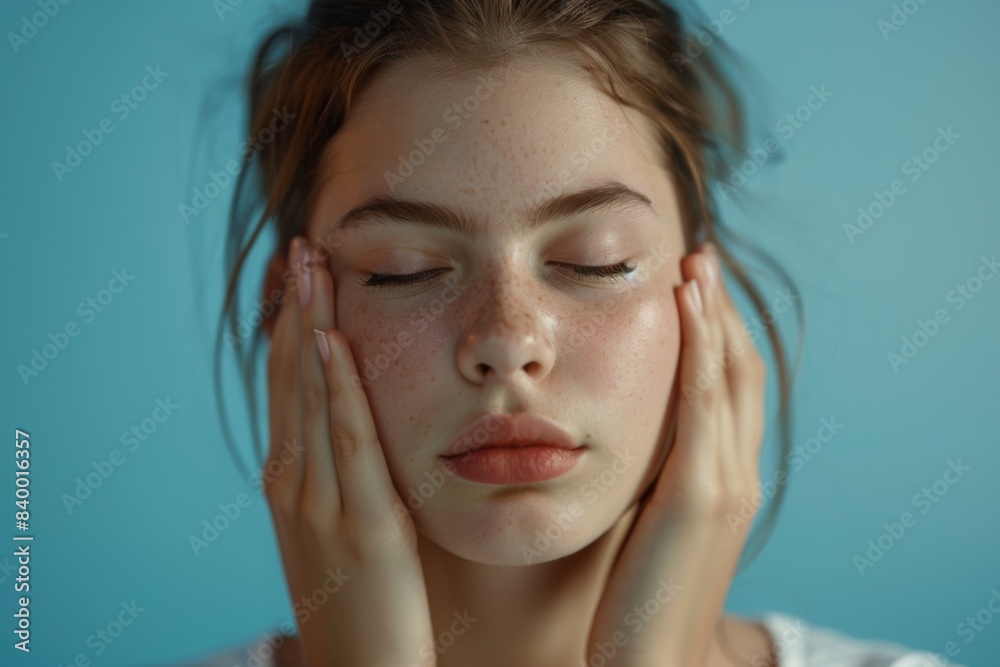 Woman eyes closed hands face Woman eyes closed hands face
