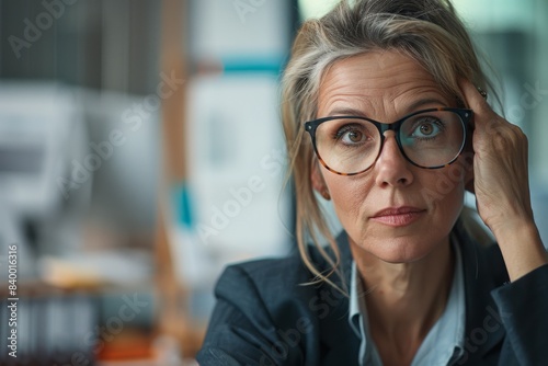 Woman Glasses Blonde Table Sitting Looking Camera