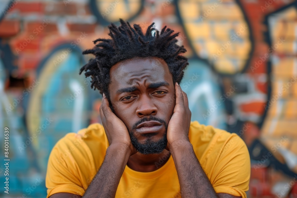 Dreadlocked man sitting by graffiti wall Dreadlocked man sitting by graffiti wall