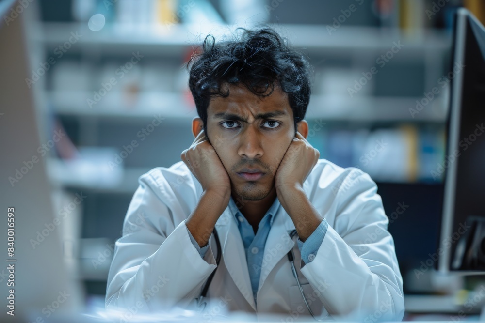 Scientist at table with desktop Scientist at table with desktop