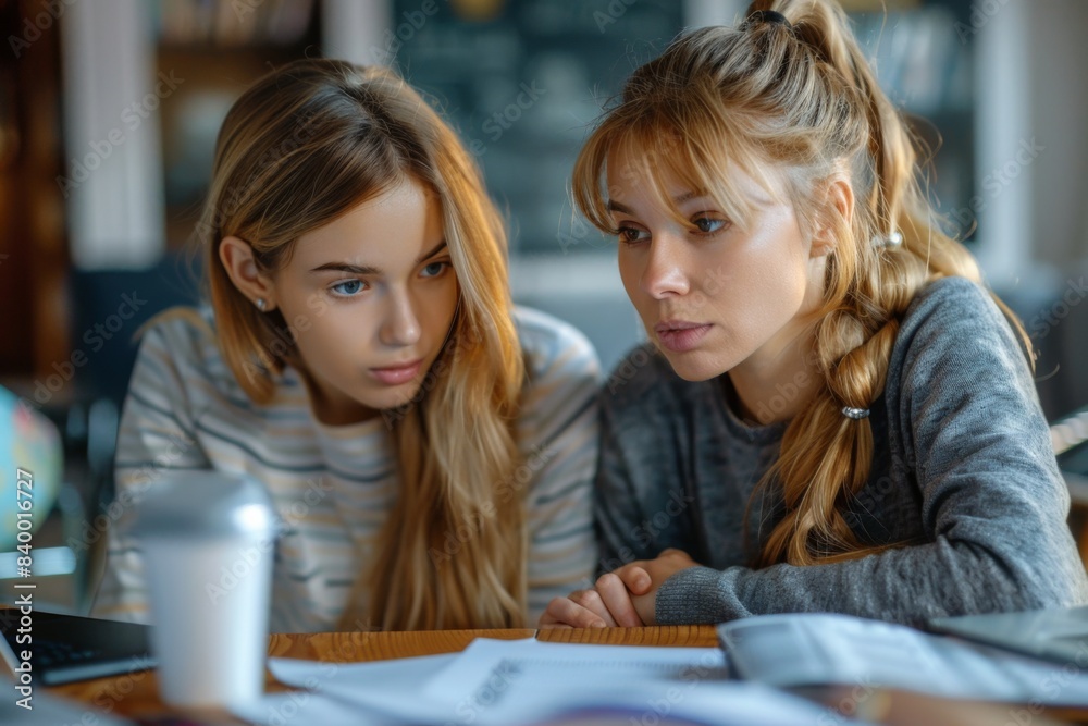 Two girls using laptop at table Two girls using laptop at table