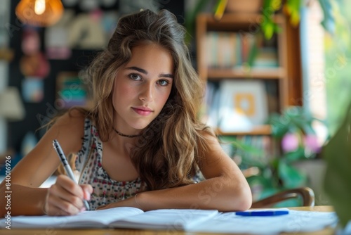 Female at desk writing with pen