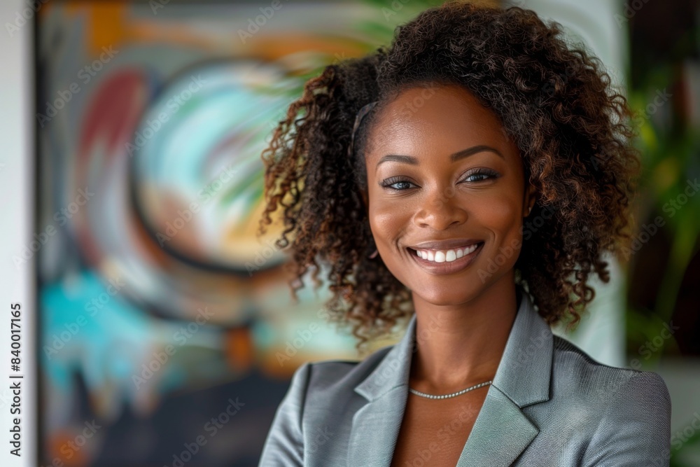 Curly-haired woman in gray blazer smiling Curly-haired woman in gray blazer smiling