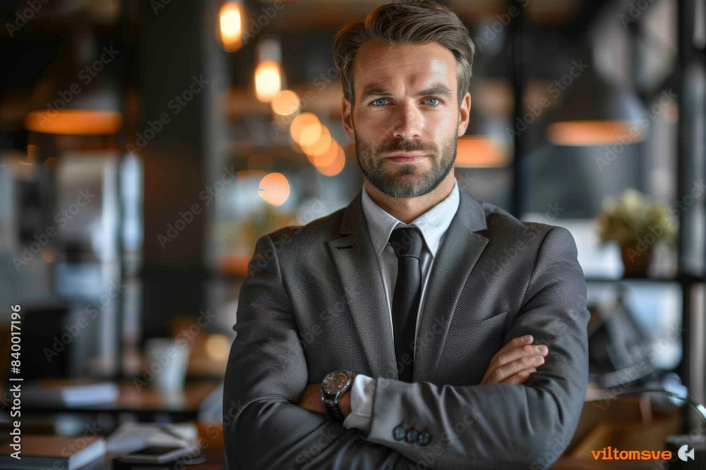 Man in professional attire standing with crossed arms