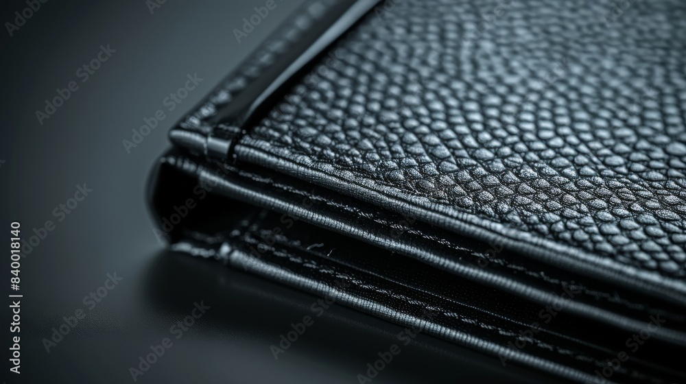 This image shows a close up of a black leather wallets edge. The texture of the leather is visible and the stitching is prominent This image shows a close up of a black leather wallets edge. The texture of the leather is visible and the stitching is prominent