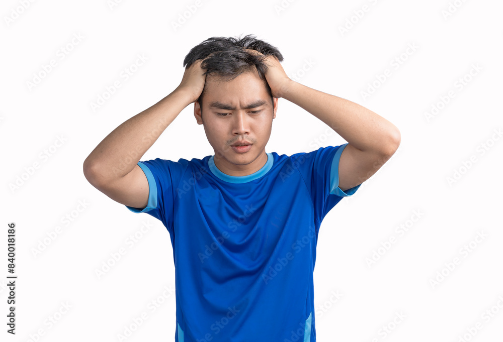 Young man touching his head and keeping eyes closed isolated on white background, suffering from severe headache or migraine pain while working, crisis, problem, and mistake, Feeling stressed Young man touching his head and keeping eyes closed isolated on white background, suffering from severe headache or migraine pain while working, crisis, problem, and mistake, Feeling stressed