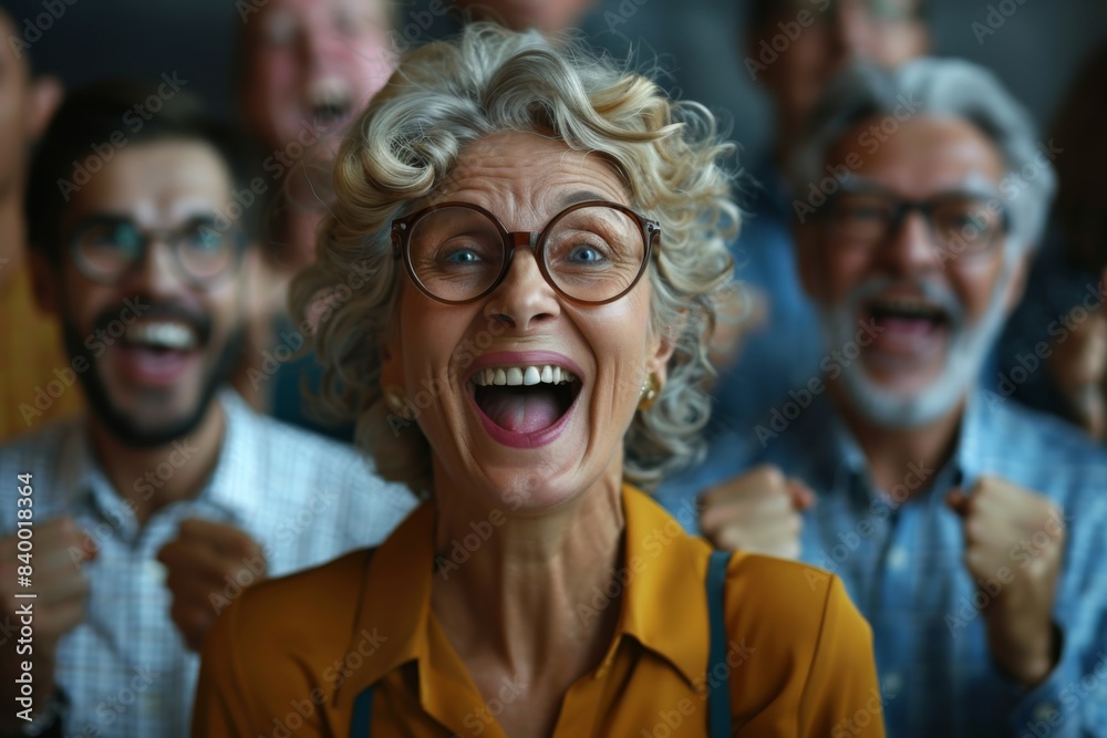 Woman in yellow shirt and glasses smiling surrounded by group Woman in yellow shirt and glasses smiling surrounded by group