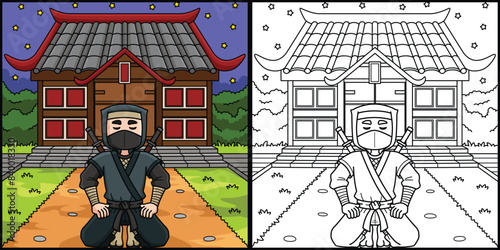 Ninja Kneeling In Front Ninja House Illustration