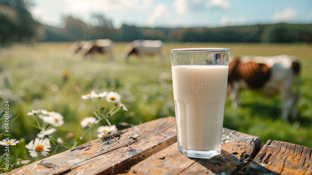 Glass of milk on a rustic table, with a picturesque meadow and cows grazing in the background, perfect for advertising Glass of milk on a rustic table, with a picturesque meadow and cows grazing in the background, perfect for advertising