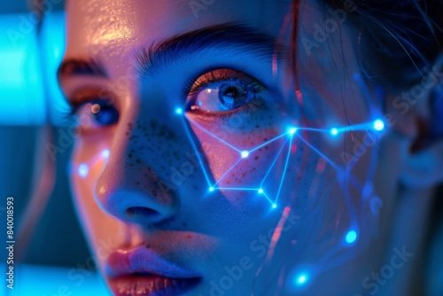 Woman futuristic face glowing eye close-up