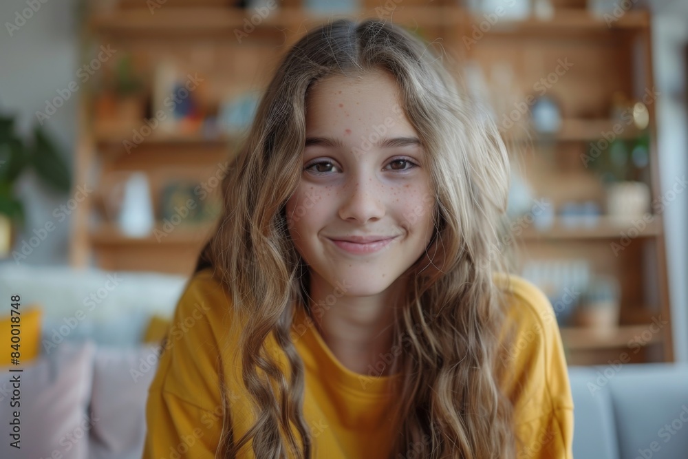 Girl in yellow shirt on couch Girl in yellow shirt on couch
