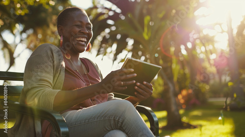 A woman happily uses a tablet on a park bench at sunset, laughing during a video call with bird and leaf rustling sounds. Illustration of video calls and serenity.

 photo