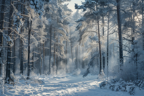 Serene Winter Wonderland in a Snow-Covered Forest at Dawn