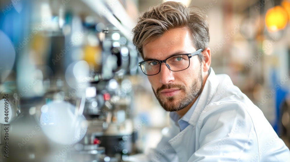 Male engineer looks directly at the camera, wearing glasses and a white shirt in a factory setting Male engineer looks directly at the camera, wearing glasses and a white shirt in a factory setting