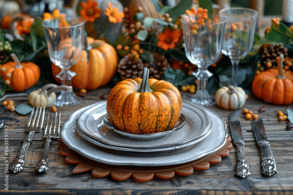 Thanksgiving table with pumpkin and decorations Thanksgiving table with pumpkin and decorations