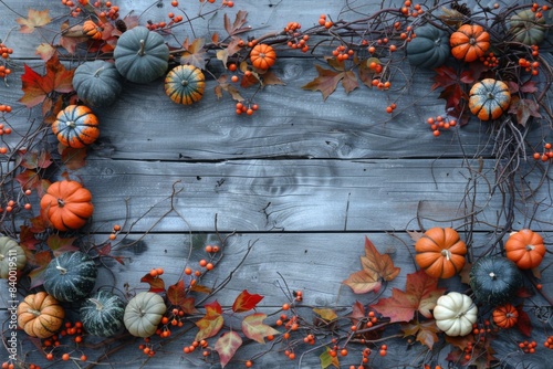 Assorted pumpkins, gourds, and decor on wooden surface photo