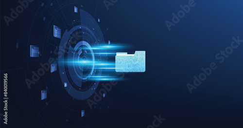 Document management and Data transfer through cloud technology. Exchange data with modern internet technology on a dark blue background. Files data system relocation concept.