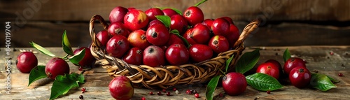 A basket of freshly picked kokum fruits, with their vibrant red skins, set on a rustic wooden table with scattered leaves photo