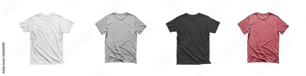 The front view of this collection of summer minimalist T-shirts showcases various colors, emphasizing fashion, comfort, and diversity isolated on transparent background cutout png The front view of this collection of summer minimalist T-shirts showcases various colors, emphasizing fashion, comfort, and diversity isolated on transparent background cutout png