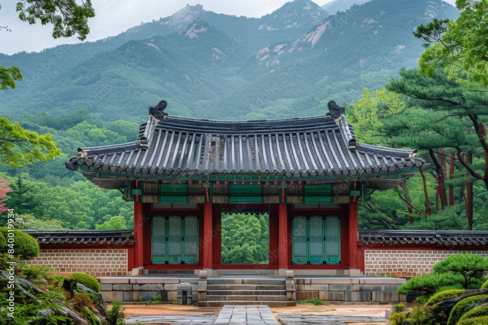 Small pavilion with red roof and green doors Small pavilion with red roof and green doors