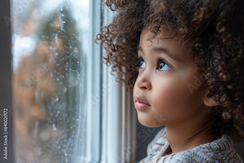 Young child watching rain outside photo
