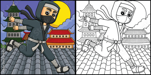 Ninja Running Coloring Page Colored Illustration