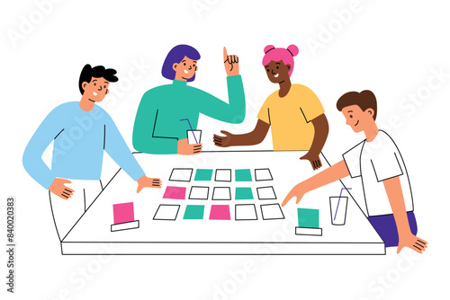 Friends playing board game with cards. Teams guess code words, competition word game at table. Composition with cartoon people at table. Vector illustration of family leisure activity at home