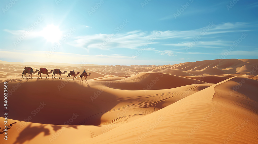 A camel caravan slowly traversing the vast, golden dunes of the Sahara Desert under a clear blue sky A camel caravan slowly traversing the vast, golden dunes of the Sahara Desert under a clear blue sky