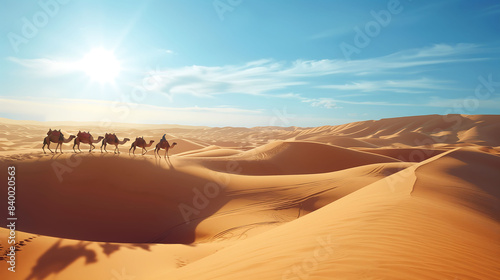 A camel caravan slowly traversing the vast, golden dunes of the Sahara Desert under a clear blue sky