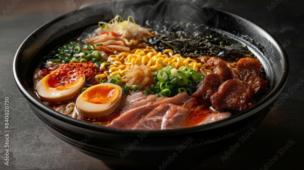 A close-up image of a steaming bowl of ramen. The ramen is topped with pork, egg, seaweed, and other vegetables. The ramen is served in a black bowl and is sitting on a dark table A close-up image of a steaming bowl of ramen. The ramen is topped with pork, egg, seaweed, and other vegetables. The ramen is served in a black bowl and is sitting on a dark table
