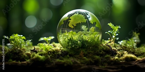 Earth globe in lush forest setting symbolizing green energy and environment. Concept Green Energy, Environment, Earth Globe, Lush Forest, Symbolism